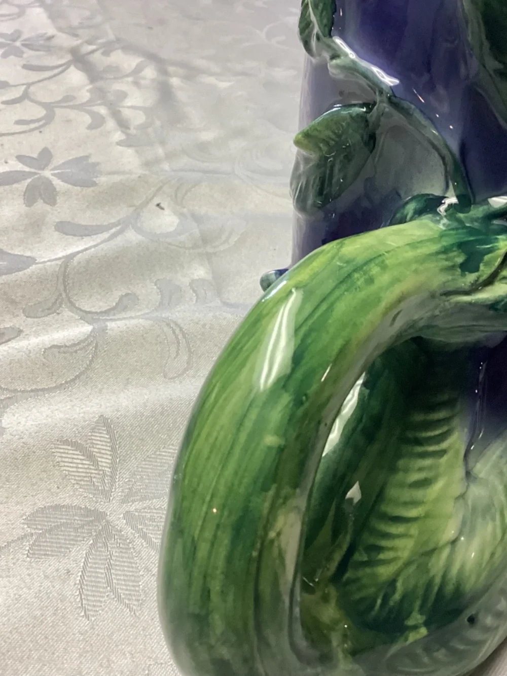 Eggplant pitcher majolica style. Fabulous item